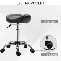 HOMCOM Saddle Stool, Height Adjustable Rolling Salon Chair with PU Leather for Massage, Spa, Clinic, Beauty and Tattoo, Black(m-6)