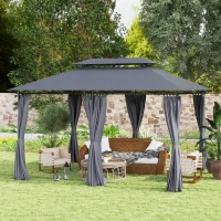 Outsunny 10' x 13' Outdoor Gazebo with Curtains and Solar-Powered LED Lights, Double Roof Patio Gazebo Canopy Shelter(m-8)