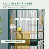 PawHut 55.1" 2 In 1 Bird Cage Aviary Parakeet House for finches, budgies with Wheels, Slide-out Trays, Wood Perch, Green(m-5)