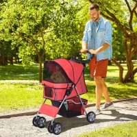 PawHut 4 Wheel Dog Pet Stroller Dog Cat Carrier Folding Sunshade Canopy with Brake, Red(m-8)
