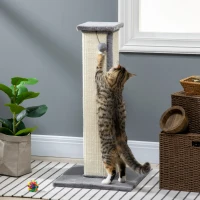 PawHut 32" Tall Cat Scratching Post for Indoor Cats and Kittens, Sisal Cat Scratcher with Hanging Ball Soft Plush, Grey(m-7)
