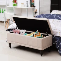 HOMCOM Storage Ottoman, Linen Fabric Button Tufted Storage Bench with Soft Close Lid for Living Room, Entryway or Bedroom, Beige(m-10)