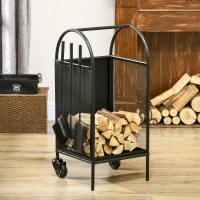 Outsunny 15" Outdoor Firewood Rack with Wheels and Tools, Heavy Duty Wood Storage Stacker, Indoor Outdoor Log Rack, Black(m-7)