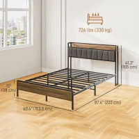 HOMCOM Queen Size Bed Frame with Charging Station, Queen Bed Frame with Upholstered Headboard and Storage Shelf, Walnut(m-3)