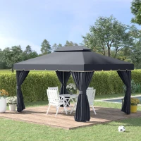 Outsunny 13' x 10' Outdoor Patio Gazebo Canopy with 2-Tier Polyester Roof, Vented Mesh Sidewall & Strong Aluminum Frame, Black(m-1)
