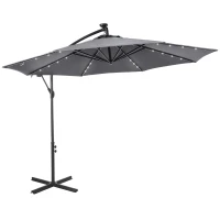 Outsunny 10ft Outdoor Cantilever Umbrella with Solar Lights, Banana Umbrella with Adjustable Angle for Patio, Backyard, Dark Gray(m-2)