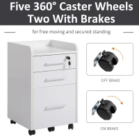 HOMCOM 3 Drawer File Cabinet with Lock and Edged Top, Lockable Filing Cabinet on Wheels for Letter and A4 Size, White(m-6)