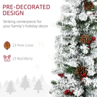 HOMCOM 6' Pencil Snow Flocked Artificial Christmas Tree with 600 Pine Realistic Branches, Pine Cones, Red Berries, Auto Open, Green(m-5)