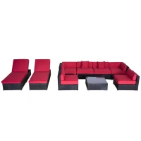 Outsunny 9 Pieces Wicker Patio Furniture Set with Cushion, PE Rattan Outdoor Conversation Set Sectional Sofa Set with 2 Loungers and Glass Tabletop, Aluminum Frame, Coffee & Red(m-11)