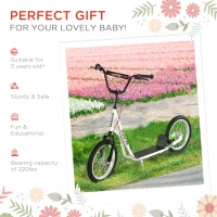 Aosom Kids Kick Scooter for 5+ Year Old, Kids Ride on Toy w/ 16'' Inflatable Wheel Dual Brakes, White(m-5)