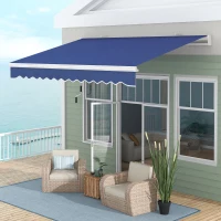 Outsunny 13' x 8' Patio Awning, Manual Retractable Sun Shade with UV Protection and Easy Crank Opening, Dark Blue(m-10)