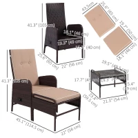 Outsunny 2 Pieces Patio Reclining Chair Set with Stool, Cushions, Outdoor Wicker Conversation Armchair Set, Brown(m-3)