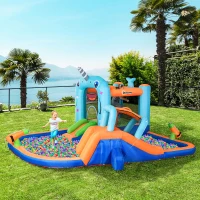 Outsunny 13.8 x 12FT Large Inflatable Water Slide Bouncy Castle, Narwhals Style Kids Bounce House with 450W Blower, Slide, Trampoline, Pool, Water Cannons, Climbing Wall, Carry Bag(m-8)