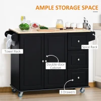 HOMCOM Mobile Kitchen Island with Drop Leaf, Storage Trolley Cart on Wheels, Towel/Spice Rack, 3 Drawers, 2-Door Cabinet, Black(m-5)
