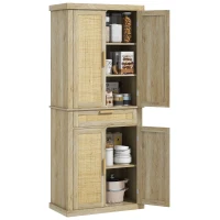 HOMCOM 72" Kitchen Storage Cabinet, Rattan Kitchen Pantry Cabinet with 4 Doors, Drawer, 5-Tier Shelf, Adjustable Shelves, Oak(m-11)