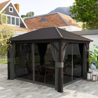 Outsunny 10' x 12' Outdoor Hardtop Gazebo Metal Roof Patio Gazebo with Aluminum Frame, Mesh Nettings, Dark Grey(m-1)