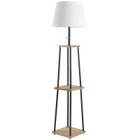 HOMCOM Modern Free Standing Tall Floor Lamp with Linen Style Fabric Shade & 3-Tier Rubberwood Display Shelving(m-11)