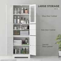 HOMCOM Freestanding Bathroom Cabinet with Glass/Louvred Doors, Tall Bathroom Storage Cabinet with Adjustable Shelf, White(m-4)