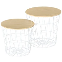 HOMCOM End Tables Set of 2, Nesting Tables with Storage, Round Accent Side Tables with Removable Top, White/ Natural(m-1)