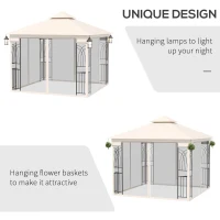 Outsunny 10'x10' Soft-top Patio Gazebo with Double Tier Roof, Mesh Curtains, Display Shelves, Top Hooks, Cream(m-7)
