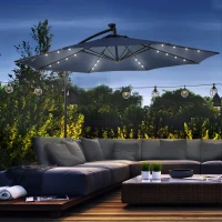 Outsunny 10ft Outdoor Cantilever Umbrella with Solar Lights Banana Umbrella with Adjustable Angle for Patio Backyard Navy Blue(m-1)