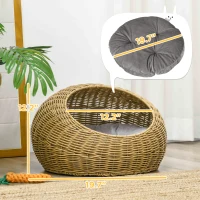 PawHut Rattan Cat Bed with Washable Cushion for Cats, Puppies, Light Brown(m-3)
