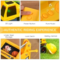 Qaba No Power Ride On Excavator Construction Digger Multi-Functional Truck Toy with 2 in 1 Design Detachable Digging Bucket and Grab Bucket, Music, Light, Yellow(m-6)