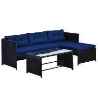 Outsunny 3pcs Outdoor Rattan Wicker Sofa and Chaise Lounge Set with Cushion Garden Patio Furniture Black and Dark Blue(m-11)
