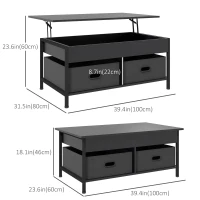 HOMCOM Industrial Coffee Table, Lift Top Coffee Table with Storage, Live Edge Coffee Table with Open Shelves and Fabric Boxes(m-3)