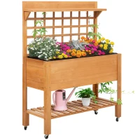 Outsunny 41.25"x15.75"x53.25" Wooden Planter Raised Elevated Garden Bed Planter Flower Herb Boxes for Vegetables Flower with Shelf and Wheels Solid Wood Outdoor/Indoor(m-2)