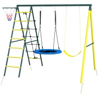Outsunny 4 in 1 Swing Set for Kids with Saucer Swing, Seat, Climbing Ladder/Net, Basketball Hoop for 3-8 Years Old, Yellow(m-2)