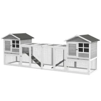 PawHut 102" 2 in 1 Wooden Rabbit Hutch, Double Main House Pet Playpen, Large Bunny House Enclosure for Indoor/Outdoor with 2 Run Boxes, No Leak Tray, and Ramp, for Guinea Pig and Small Animals, Gray(m-12)