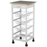 HOMCOM Mobile Kitchen Cart, Rolling Kitchen Island with Storage, Solid Wood Frame Utility Cart with Wire Fruit Baskets and Drawer, White(m-11)