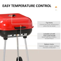 Outsunny Charcoal BBQ Grill, Portable Kettle Barbecue Smoker with Lid, Wheels, Storage Rack, Red(m-4)