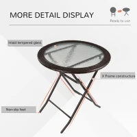 Outsunny 26.8" Dia. (68 Dia. cm) Folding Round Tempered Glass Metal Table with Brown Rattan Edging, Brown(m-5)