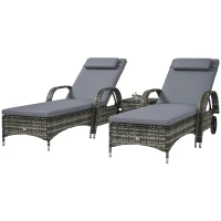 Outsunny Patio Wicker Chaise Lounge Chair Set of 2 with Table, Adjustable Backrest, Wheels, Cushion & Headrest, Gray(m-1)