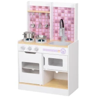 Qaba Play Kitchen Set for Kids, Kids Kitchen Playset with Realistic Lights & Sounds, Sink, Oven, Stove, White(m-2)