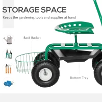 Outsunny Garden Scooter, Rolling Cart with Swivel and Adjustable Seat, Tool Tray, Bucket Basket, Green and Black(m-5)