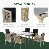 Outsunny 7 Pieces Wicker Patio Dining Set Outdoor Furniture Set with Removable Cushions, Glass Top Dining Table, PE Rattan Conversation Set for Garden Poolside Backyard, Black(m-6)