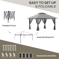 Outsunny 13' x 13' Pop Up Canopy, 2-Tier Roof Easy up Tent Shelter with Nettings Carry Bag Weight Bags for Garden, Patio, Grey(m-5)