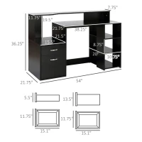 HOMCOM 54 Inches Computer Desk with Storage Shelves, Drawers and Printer Shelf, Writing Table for Home Office and Study, Black(m-3)