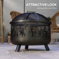 Outsunny Outdoor Metal Fire Pit, 24" Round Firepit Bowl w/ Lid Grill Poker Handles for Garden, Camping, BBQ, Bonfire, Black(m-7)