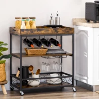 HOMCOM 3-Tier Kitchen Cart on Wheels with Removable Tray, Wine Racks, Glass Holders Rustic Brown(m-8)
