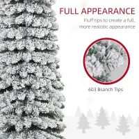 HOMCOM 8' Tall Unlit Slim Pencil Xmas Tree, Snow Flocked Artificial Christmas Tree with Realistic Branches and 603 Tips, Green(m-7)