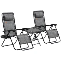 Outsunny Zero Gravity Chair Set of 2 Patio Chair with Side Table Cupholders and Pillows for Pool, Backyard, Lawn, Beach, Grey(m-11)