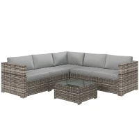 Outsunny 4 Pieces Rattan Wicker Outdoor Conversation Furniture Set w/ Corner Sofa Loveseats Coffee Table Cushions, Mixed Grey(m-11)