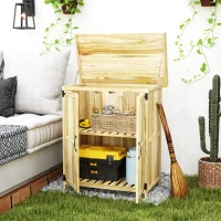Outsunny Outdoor Storage Cabinet, Garden Tool Shed with Metal Tabletop, Shelf, Wooden Potting Bench with 2 Doors, Natural Wood(m-10)