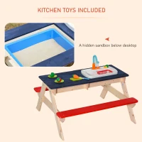 Outsunny Sand & Water Table with Sandbox, Outdoor  with Kitchen Toys, Kids Picnic Table and Bench Set Water Circulation Faucet and Vegetable Accessories(m-6)