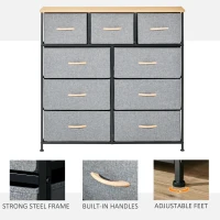 HOMCOM 9 Drawers Storage Chest Dresser Organizer Unit w/ Steel Frame, Wood Top, Easy Pull Fabric Bins, for Hallway, Closet, Entryway, Oak & Grey(m-5)