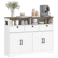 HOMCOM White Sideboard 47.2" Buffet Cabinet with 4 Barn Doors and 3 Drawers, Coffee Bar Cabinet with Adjustable Shelves(m-11)
